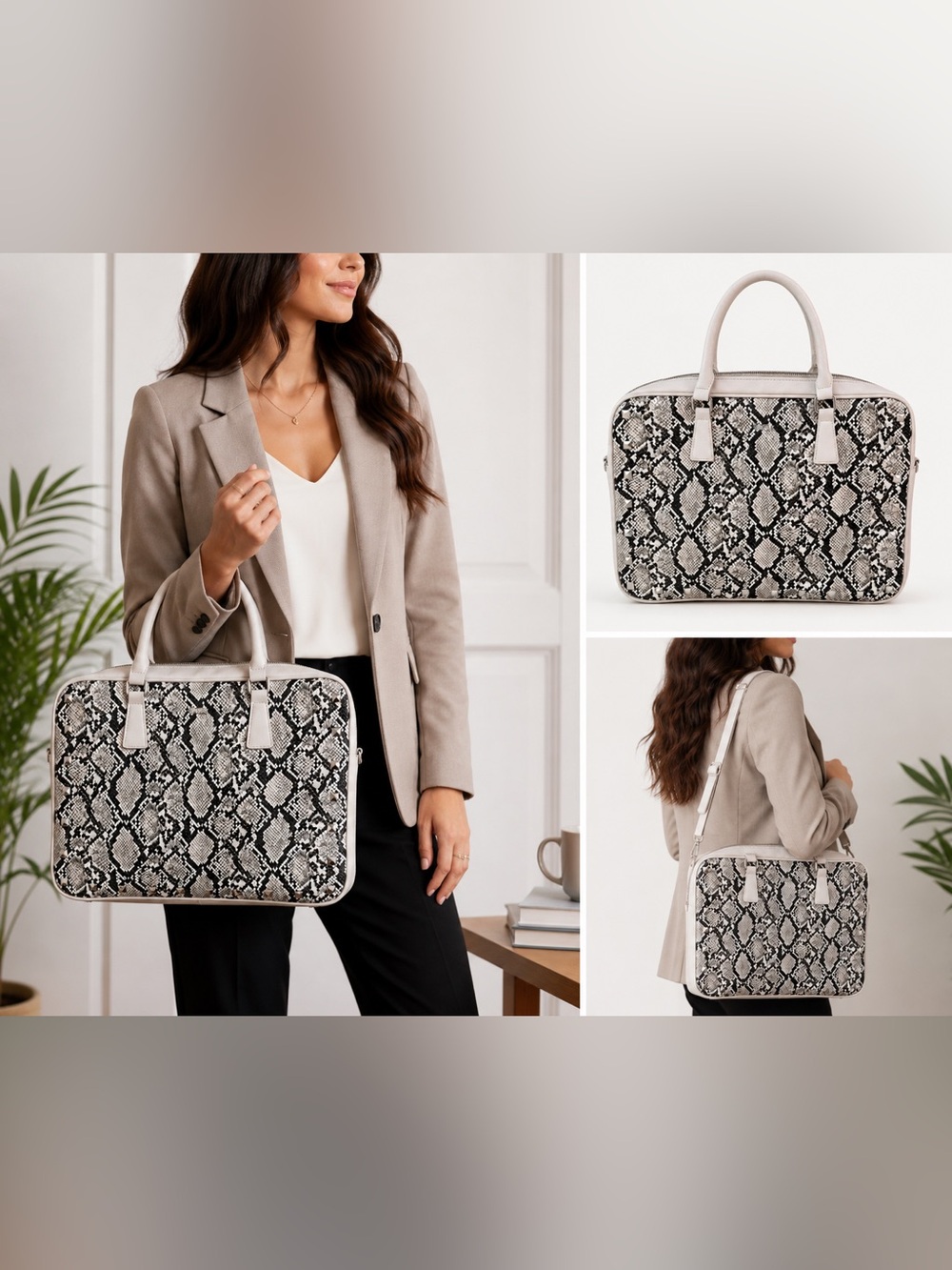 White House Black Market Black and Cream Snake-Print Top-Handle Laptop Bag